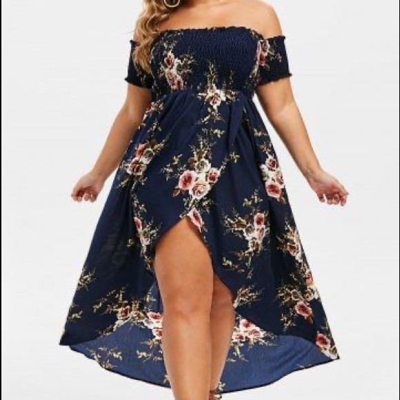 Boho Plus Size Floral Off The Shoulder High Low Dress White - Picture 4 of 10